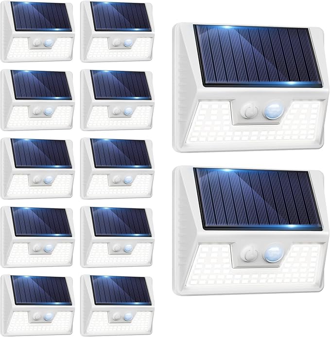 12Pack White Solar Lights Outdoor Motion Sensor, 6000K Cool Light/3 Lighting Modes, IP65 Waterproof Solar Powered Wall Lights Outside for Garden Fence Backyard Deck Driveway