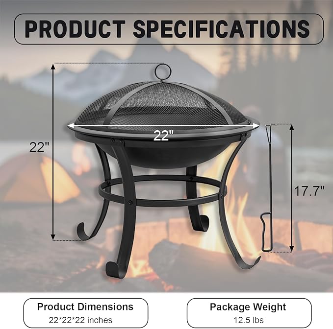 Panovue 22 in Firepit for Outside Outdoor Small Fire Pit,Durable Firepit with Mesh Lid,Log Grate,and Fire Poker,Fire Pit for Outside Backyard.Deck.Camping and Picnic - Image 8