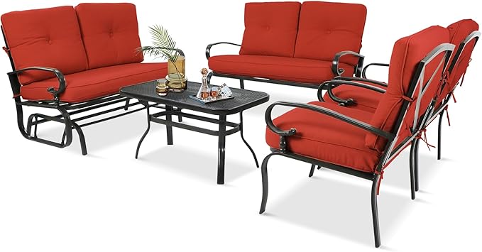 5 Pcs (6 Seats) Outdoor Patio Furniture Conversation Sets, Glider, Loveseat and Coffee Table, 2 Lounge Chairs with Cushions (Red)
