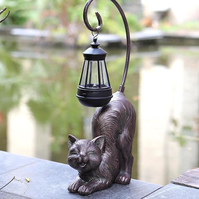 Solar Cat Figurine, 15.7 Inches Tall LED Waterproof Antique Bronze Resin Statue, Auto On/Off at Dusk for Cat Lovers or Memento Gift Outdoor Decor
