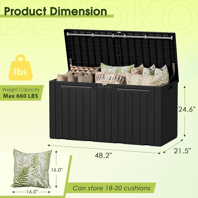 Devoko 100 Gallon Outdoor Storage Box, Waterproof Resin Deck Box for Patio Furniture, Lockable Container for Garden Cushions & Pool Supplies (Black, 100 Gallon) - Image 8