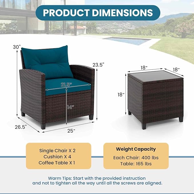 HAPPYGRILL 3 Pieces Patio Conversation Set, Outdoor Furniture Set PE Rattan Sofa Set with Removable Cushions, PE Wicker Chairs with Tempered Glass Side Table for Porch Lawn Garden Balcony Backyard