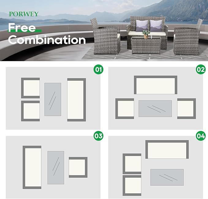 4 Piece Patio Furniture Set, Outdoor Wicker Conversation Set with Coffee Table, Modern Weather-Resistant Rattan for Porch Garden Lawn, Gray Wicker/Beige Cushion