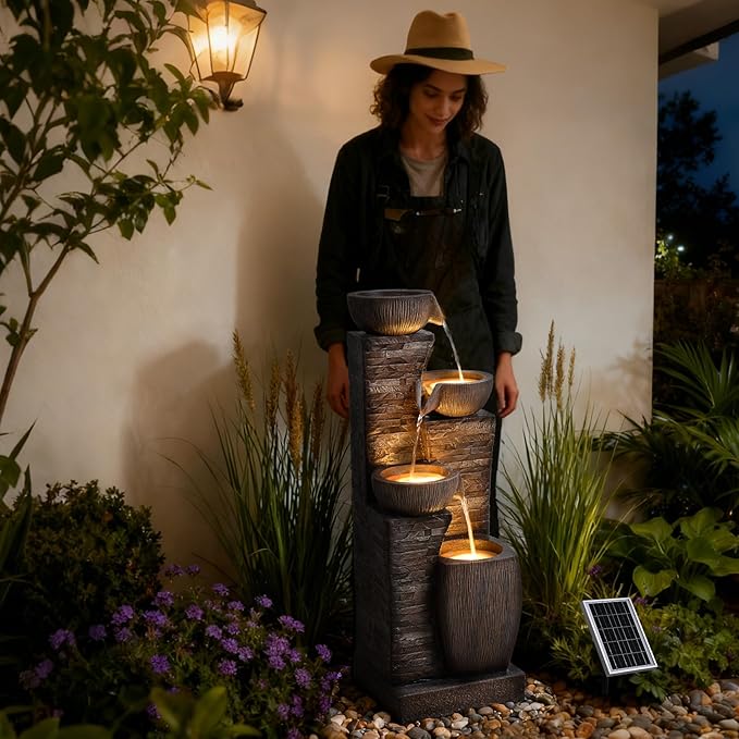 38.2" Tall Solar Powered Water Fountain for Outdoor,4 Tiers Modern Cascading Bowls and Stacked Stones Solar Fountains with LED Lights for Garden, Patio, Deck, Backyard and Home Art Decor