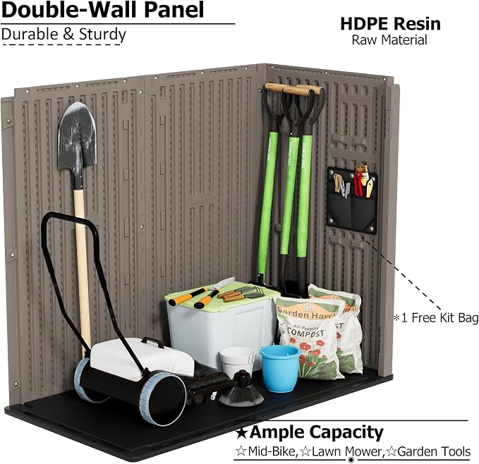 ZZM 37 Cu.ft Outdoor Storage Shed with Floor HDPE Double-Wall Resin Sheds Outdoor Storage, Lockable Weatherproof Storage Cabinet Fit for Garden Tools, Garage can, Bike, Patio Furniture, Brown - Image 8