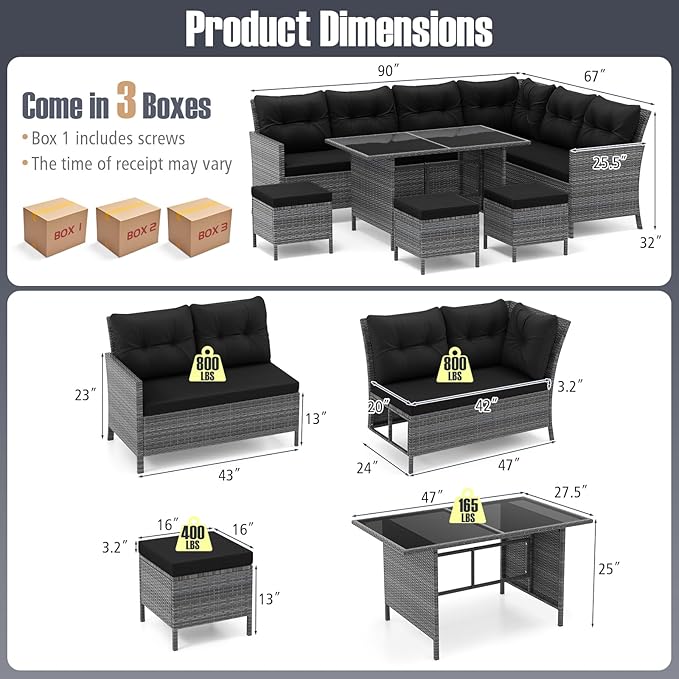 Tangkula 7 Pieces Patio Dining Furniture Set, Outdoor PE Rattan Sectional Sofa Set with Soft Cushions, Ottomans and Tempered Glass Table, Wicker Conversation Set (Mix Gray + Black)