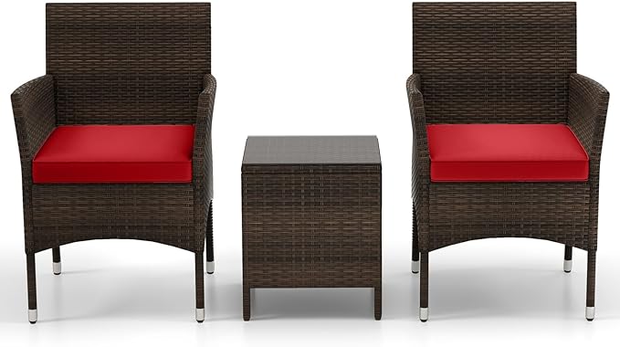 KOTEK 3 Piece Patio Furniture Set, Outdoor Wicker Patio Chairs with Soft Cushions & Tempered Glass Top Table, PE Rattan Bistro Set for Porch, Garden, Balcony (Red)