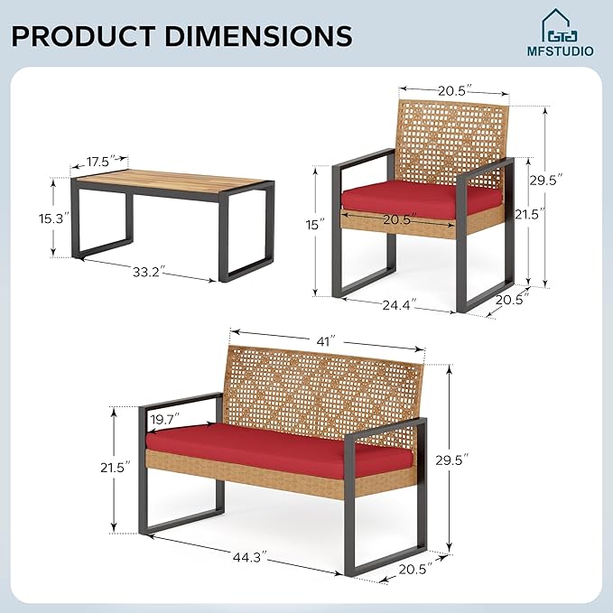 MFSTUDIO 4 Pieces Outdoor Patio Furniture Set, Outdoor Rattan Loveseat Furniture with Wood Table, Loveseat & Chairs, Small Patio Sectional Sofa Set for 4, Red