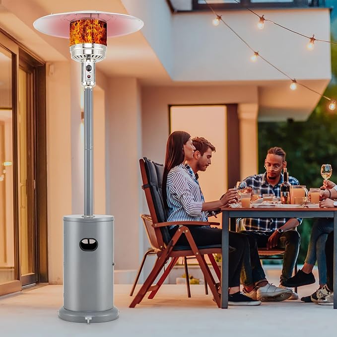 Happygrill 50,000 BTU Outdoor Heater, Round Propane Patio Heater with Stainless Steel Burner, Tip-Over & Flame-Out Protection & Wheels, Outdoor Heaters for Patio (Grey)