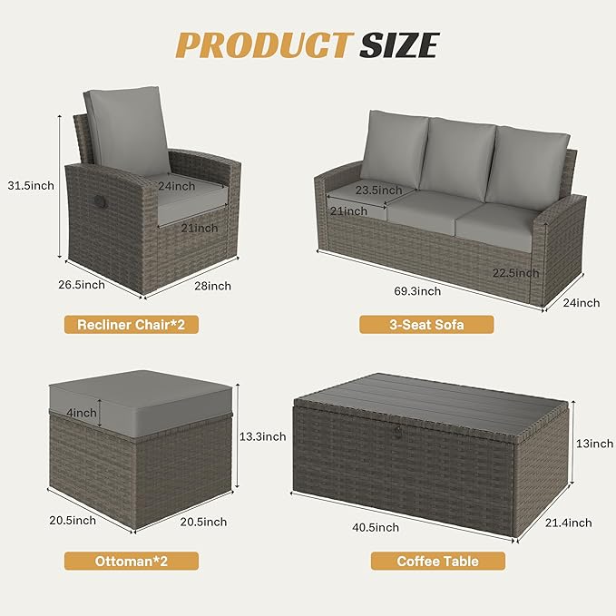 Outdoor Patio Furniture Set-6 All-Weather Wicker Outdoor Furniture with Patio Recliner Chairs Adjustable Back Outdoor Patio Conversation Sets for Garden Porch Deck Grey