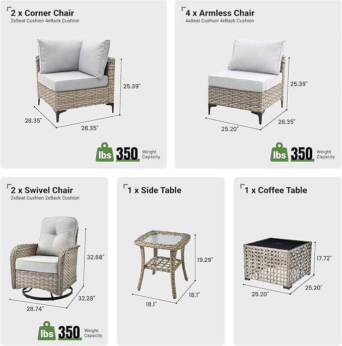 10 Piece Outdoor Patio Furniture with Swivel Rocking Chair, Rattan Wicker Conversation Set with Glowing Coffee Table, Sectional Single Chairs for Porch Balcony Backyard Pool,Light Grey