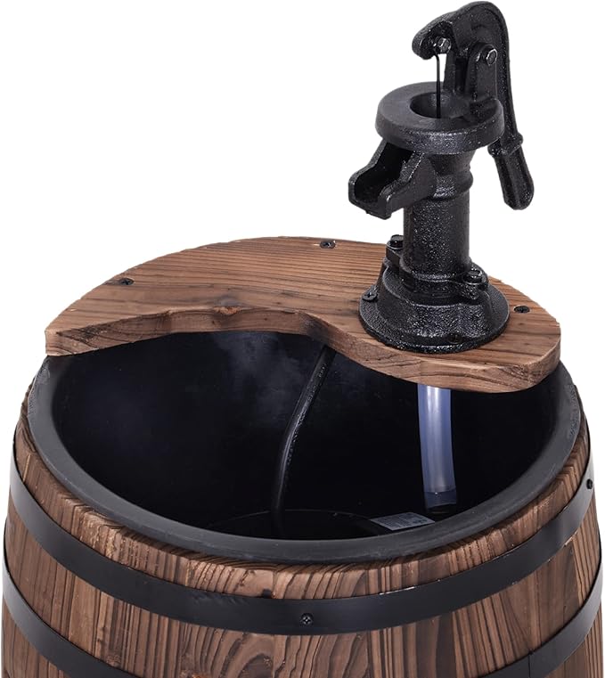 Outsunny 23" H Outdoor Water Fountain Wood and Plastic Rustic Apple Barrel Pump Garden Decor for Outside Backyard