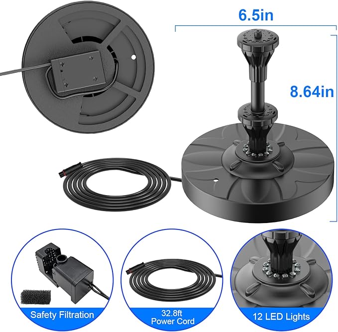Yzert Pond Fountain Pump with 12 LED Lights, 32.8ft Power Cord Adapter 6W Outdoor Pool Fountains with 2-Tier Floating Water Garden Fountain for Garden Ponds Pool Outdoor Play Colorful