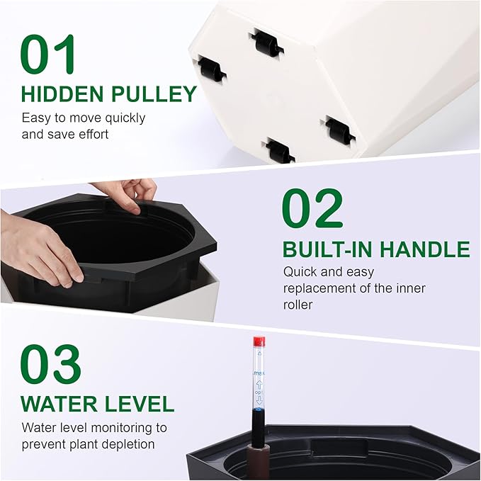 GarveeLife 22.5 in Tall Diamond Planters Set of 2, Self Watering Planters with Water Level Monitor and Wheels, Flower Pots Outdoor and Indoor for Patio, Porch, Living Room, Home Office, White