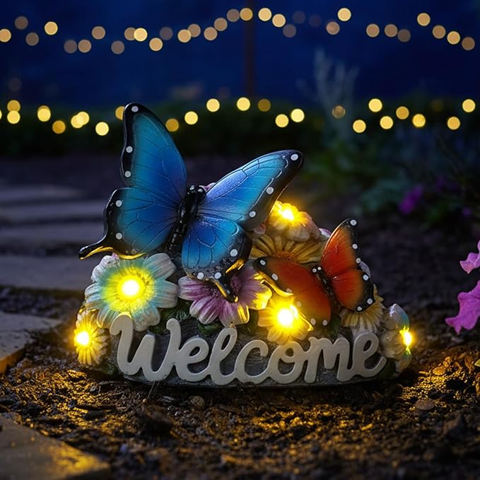 Solar Butterfly Garden Statues 5.3" Resin Butterflies Figurine with Welcome Sign Solar Butterfly Lights Outdoor Balcony Yard Patio Decor Housewarming Birthday Gifts for Women Mom Grandma