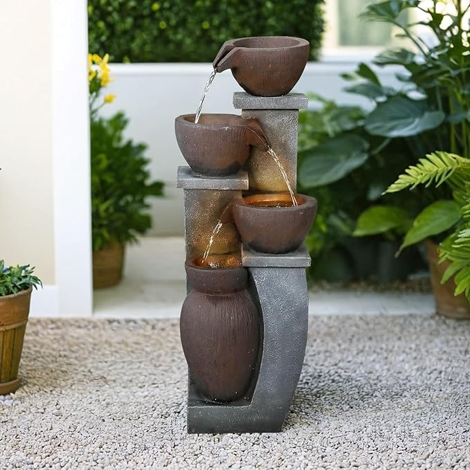SunJet 4-Tier Outdoor Water Fountain Resin Waterfall Fountains Decor with LED Lighting Natural Polyresin Looking Stone Decor for Garden Patio Fold Court Yard Deck 11.4" L x 11.8" W x 32.8" H