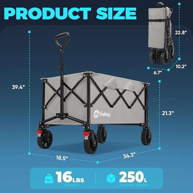 Sekey Collapsible Foldable Wagon with 330lbs Weight Capacity, Heavy Duty Folding Wagon Cart with Big All-Terrain Wheels. Gray - Image 7
