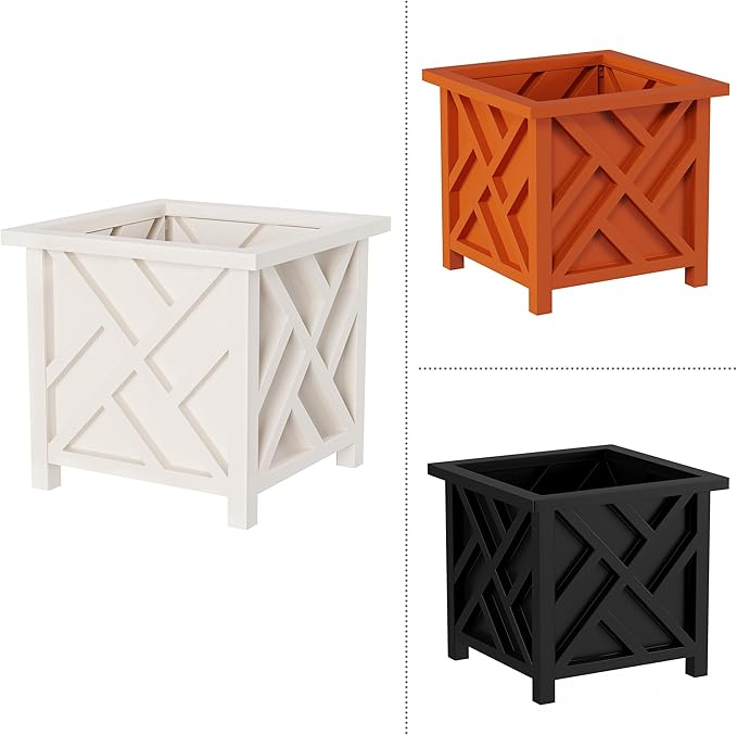 Lattice Design Outdoor Planter Box 2-Pack - 14.75” Square 13” Tall White Decorative Plant Pots for Front Porch Decor - Flower Pots Outdoor Planters for Porch Patio or Garden Decor by Pure Garden