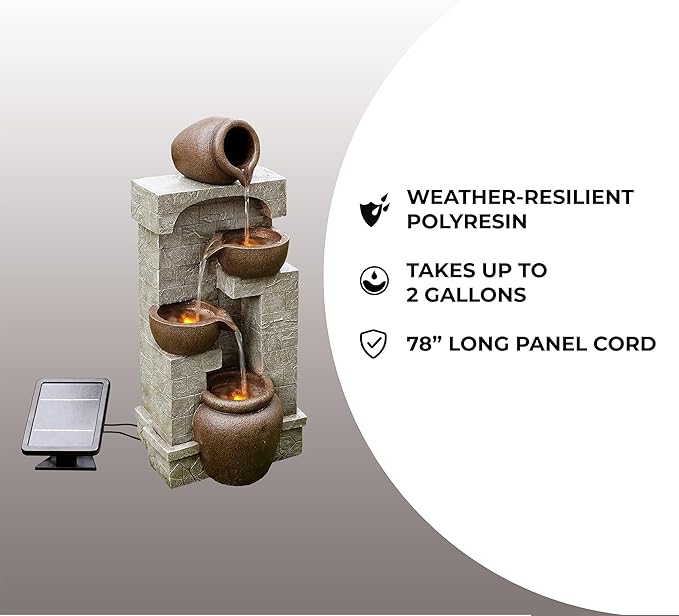 Teamson Home 28 in. Cascading Bowls and Stacked Stones LED Outdoor Water Fountain for Outdoor Living Spaces to Create a Calming Oasis in Gardens and Landscaping, on Patios, Balconies, Lawns, Brown