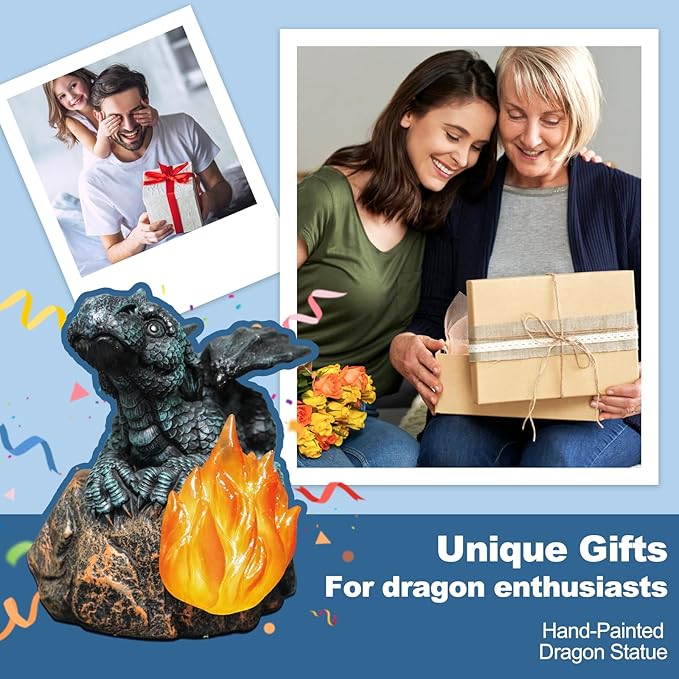Solar Dragon Garden Decor, Porch Dragon Statue with Fiery Light - 6.8 inch Lawn Ornaments, Outdoor Decorative Art Gift for Patio, Yard, Backyard, Porch