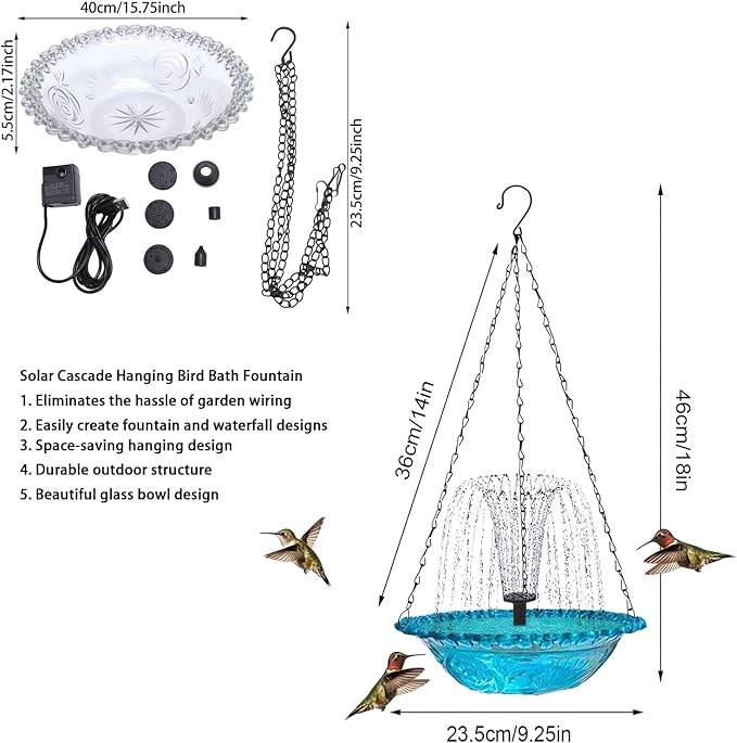 2026 Solar Cascade Hanging Bird Bath Fountain Solar Powered Birdbath Water Fountain Pumps Dispenser Outdoors Decor Hummingbird Bath Shower Bowl Kit Garden Gift Yard Patio Backyard Decoration (Blue)
