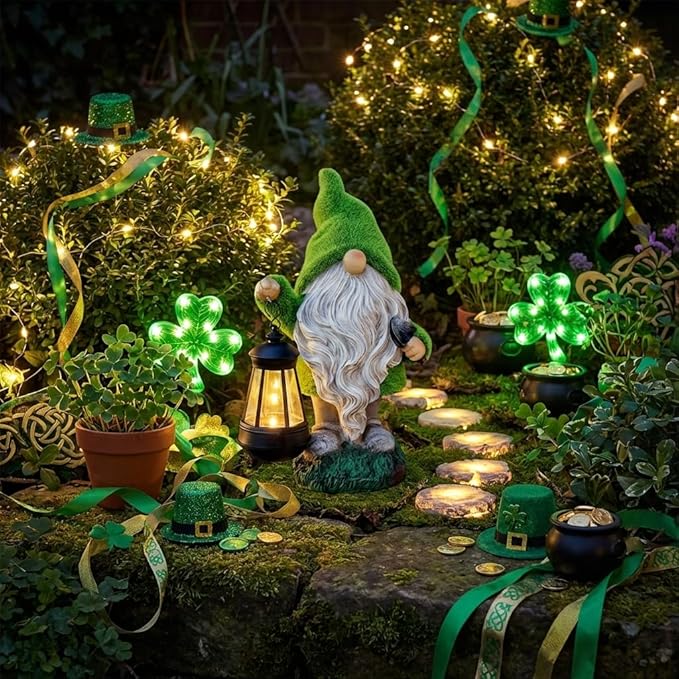 TERESA'S COLLECTIONS Christmas Outdoor Statue for Home, Resin Gnome Decorations with Solar Outdoor Lights for Garden Decor,Green Garden Sculptures & Statues for Front Patio Lawn, Gifts for Mom,8"