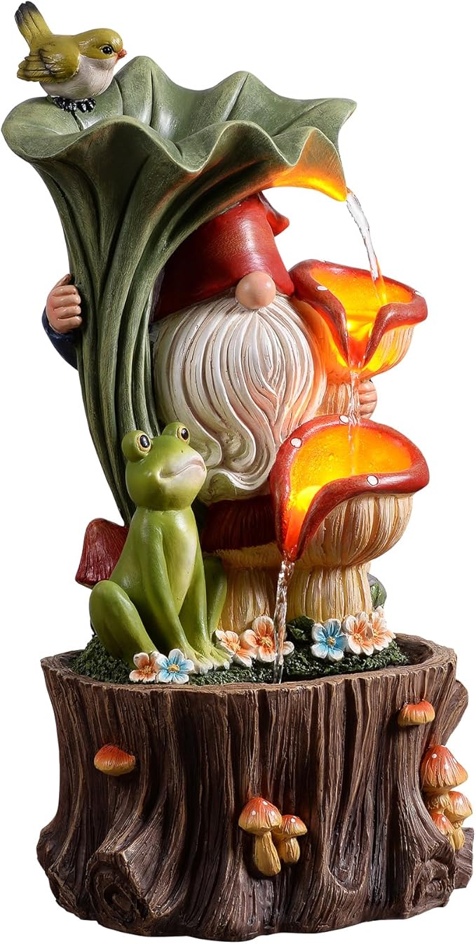 Kalona Gnome Outdoor Waterfall Fountain with LED Lights, Resin Tree Stump Waterfall Fountain for Patio Balcony Yard, 21" Tall Garden Water Feature 25007