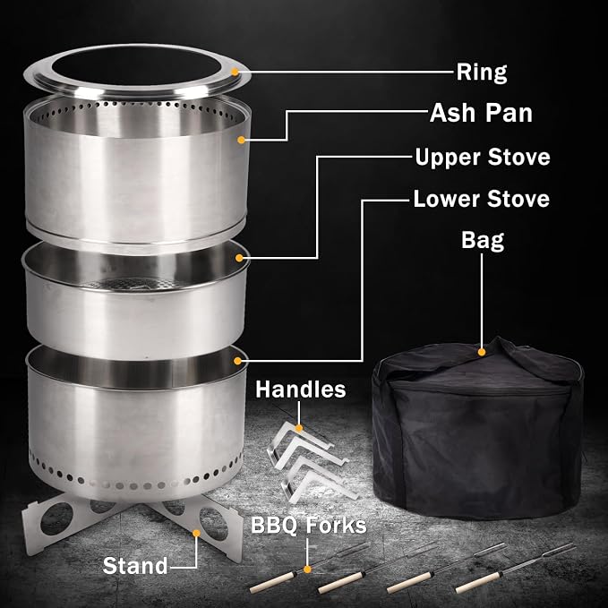 BRIOPAWS Large Smokeless-fire-pit Outdoor | 19 IN | 304 Stainless-Steel-Firepit | Portable Solo Fire Pits for Outside, Camping | Low Smoke Stove | Wood Burning Chimenea, Inclu. Bag, BBQ Forks, Handles - Image 8