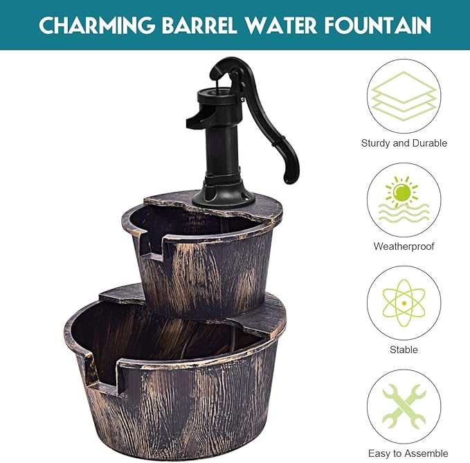S AFSTAR Water Fountain Outdoor Waterfall Barrel, 2-Tier 27-Inch Barrel and Pump Waterfall Fountain W/Realistic Faux Wood Barrels & Pump Head, Garden Barrel Fountain for Patio Backyard Decor
