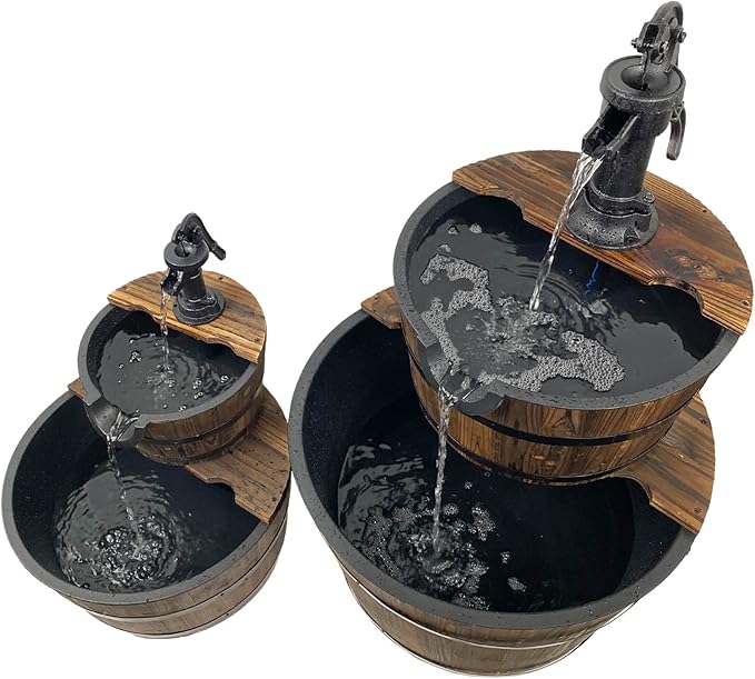 Extra Large Cascading Water Fountain for Outdoor Outside Patio Yard | Decorative 2-Tier Wood Barrel Fountain with Pump | 37.5" Tall Garden Waterfall Fountain