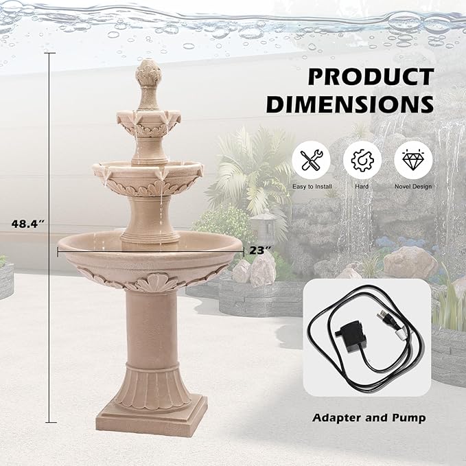 Grepatio Italian Outdoor Water Fountain, 48" H Waterfalls with Pump, 3-Tier Roman Pillar Garden Fountain, Indoor/Outdoor Modern Floor Standing Water Fountains for Garden, Patio, House Decor