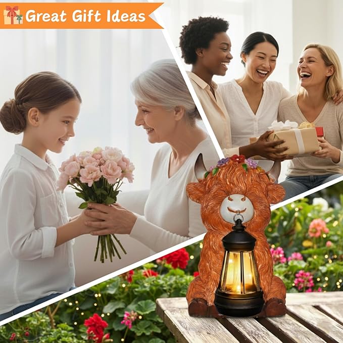 Garden Statues Highland Cow with Solar Lantern, Outdoor Highland Cow Figurines Decorations for Patio Yard Lawn Ornaments, Gifts for Mom/Grandma Birthday Housewarming