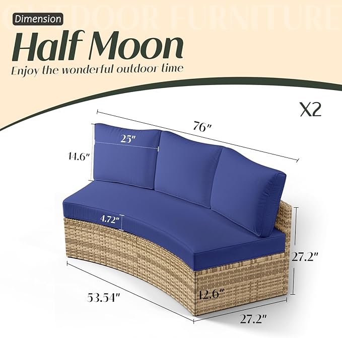 PaPaJet 6-Piece Patio Furniture Set, Half-Moon Wicker Sectional Sofa with Cushions, Waterproof Rattan Outdoor Conversation Set for Beach, Pool, Garden & Balcony, Blue
