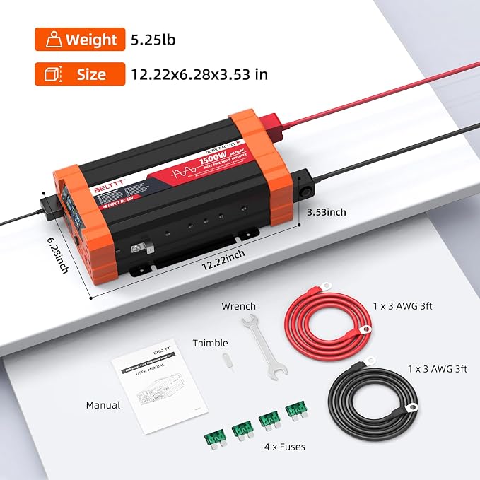 BELTTT 1500W Pure Sine Wave Inverter 12V to 120V AC, Inverter 12V to 110V Converter for Solar, Off-Grid, RV, Truck, Power Inverter with Dual AC Socket, 5V 2.1A USB, Surge 3000W, Smart LCD Display - Image 9