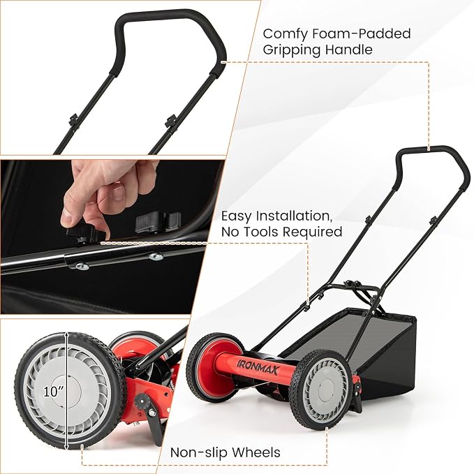 IRONMAX Lawn Mower, 16 Inch Push Reel Lawn Mower with 5 Steel Blades, Adjustable Cutting Heights, Grass Catcher Bag, Walk-Behind Manual Lawnmower for Garden Park Yard, No Motor (Red, 16 Inch) - Image 9