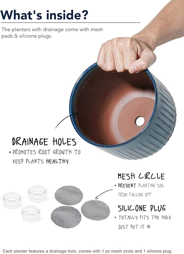 LE TAUCI Fluted Ceramic Plant Pots, 8.3/7/6 Inch Indoor Planters with Drainage Holes & Mesh, Modern Glossy Glaze Cylinder Flower Pot for Snake Plant, Set of 3, Harbor Blue