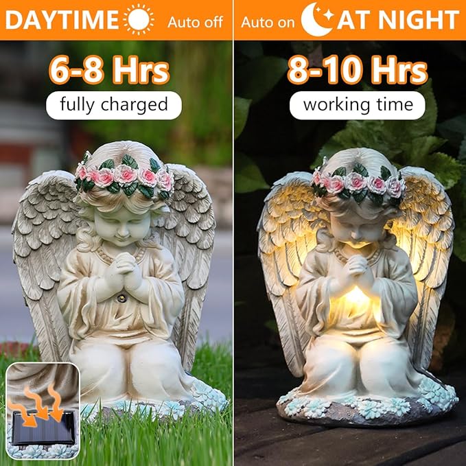 Solar Garden Outdoor Statues Lights, Resin Angel Figurine Light for Patio, Balcony, Yard, Lawn Ornament, Unique Housewarming Gifts and Yard Decor