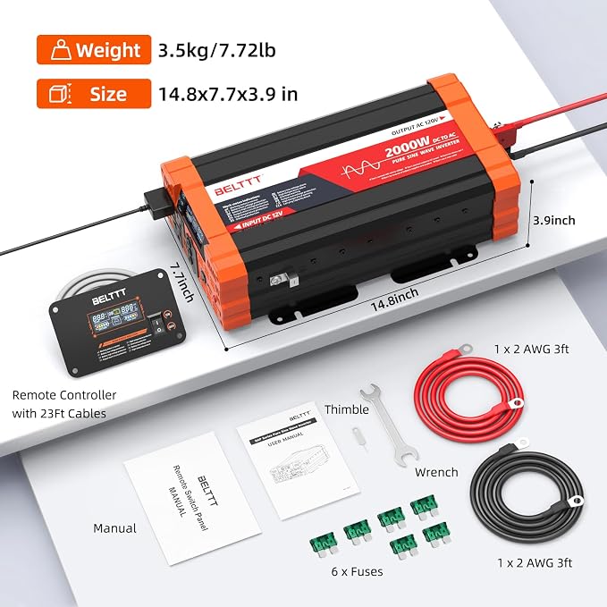 BELTTT 2000W Pure Sine Wave Inverter, Inverter 12V DC to 120V AC for Solar, RV, Truck, Outdoor, Power Inverter with Dual AC and 20A Socket, 5V 2.1A USB, Surge 4000W, Hardwire Port, Remote Controller - Image 9