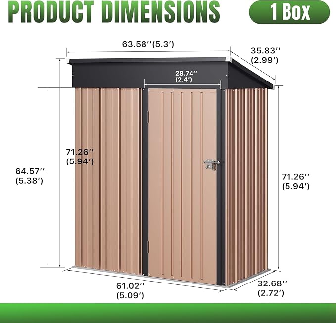 Aoxun 5' x3 ' Outdoor Metal Storage Shed with Galvanized Steel Base, Heavy-Duty Garden Tool Shed for Patio, Lawn, and Garden, Brown - Image 6