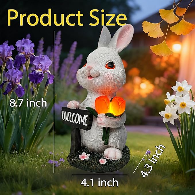 Solar Garden Outdoor Statues Lights Rabbit Garden Sculptures Birthday Housewarming Bunny Gifts for Women Mom Grandma for Patio Yard Lawn Backyard Decorations
