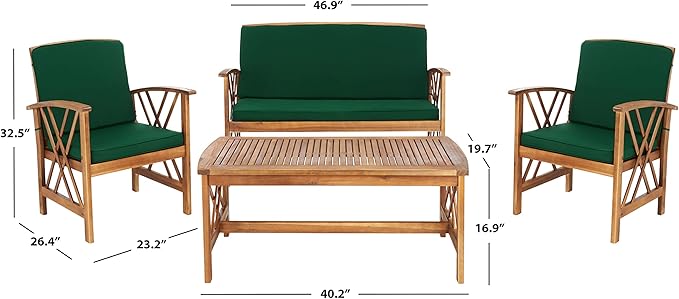 SAFAVIEH Outdoor Collection Fontana Natural/ Green Cushions 4-Piece Conversation Patio Set