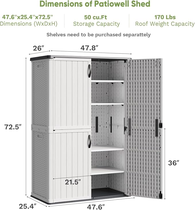 Patiowell 50 cu.ft Plastic Outdoor Storage Shed, Lockable Waterproof Resin Storage Cabinet Vertical Storage Shed for Garden Tools, Garbage Cans, Pool Supplies, White(Not Include Shelves) - Image 7