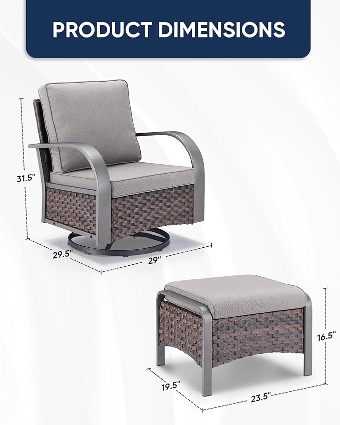 HUMMUH Swivel Rocker Outdoor Chair-High Back Patio Chairs with Ottoman Outdoor Conversation Furniture Sets for Deck Porch Garden Poolside Backyard-Brown/Grey