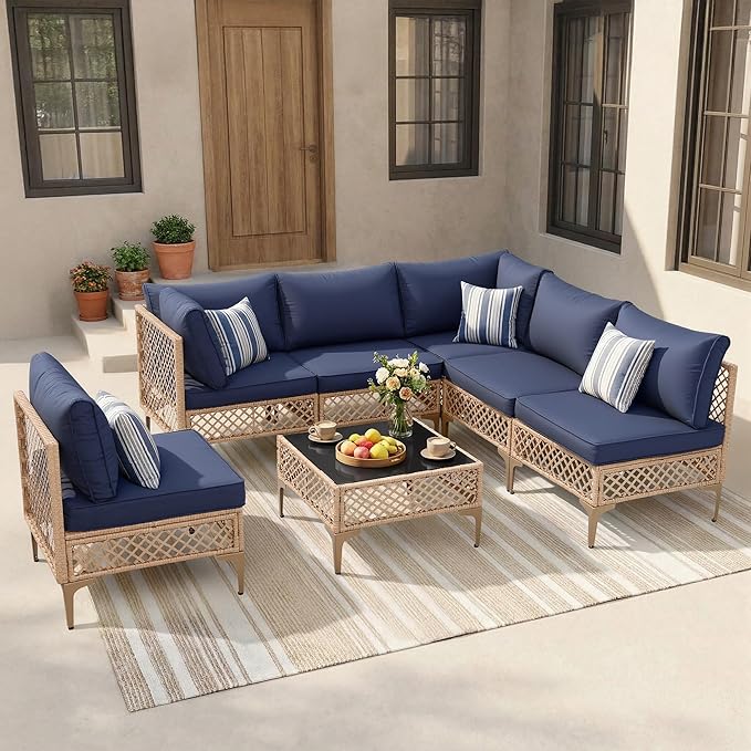 FHFO 7 Piece Patio Furniture Set, Outdoor Wicker Modular Sectional Patio Conversation Set with Thicker Cushion & Tempered Glass Coffee Table for Backyard, Poolside, Porch (Yellow/Blue)
