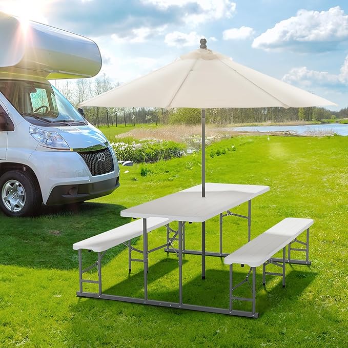 VINGLI Folding Picnic Table and Bench Set with Umbrella, Portable Outdoor Dining Furniture for Camping, Patio, Backyard, Wood Grain Plastic Top with Metal Frame - Image 5