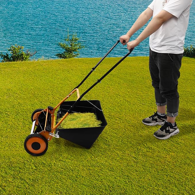 16 Inch Manual Push Lawn Mower, Freestanding 5-Edged Blades Push Lawn Sweeper with Grass Collecting Box, Adjustable Mowing Height 2-in-1 Wheeled Manual Lawnmower for Backyard Grassland - Image 9