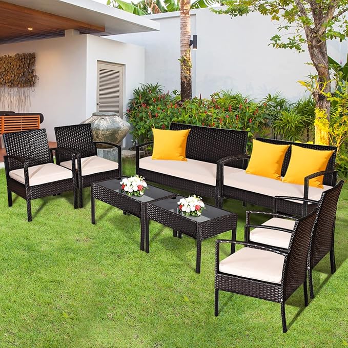 8 Pieces Patio Furniture Set, Wicker Conversation Set with Water-Resistant Cushion & Tempered Glass Table, 2 Set of Porch Deck Furniture Outdoor Rattan Chair for Backyard, Balcony(Beige)