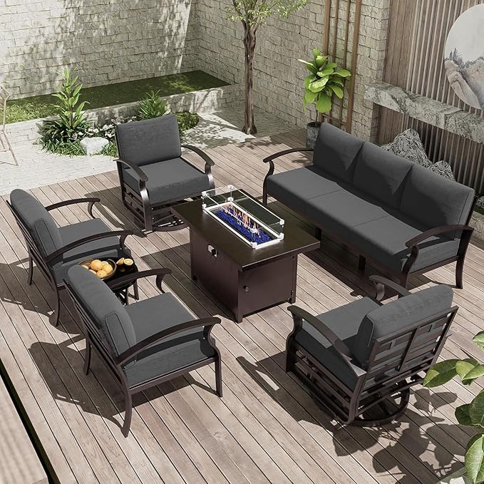 Patio Furniture Set 7-Piece Aluminum Armrest Sofa, Modern Outdoor Living Room Set with 55000 BTU Propane Aluminum Fireplace, Outdoor Rotary Joystick with Thick Cushion