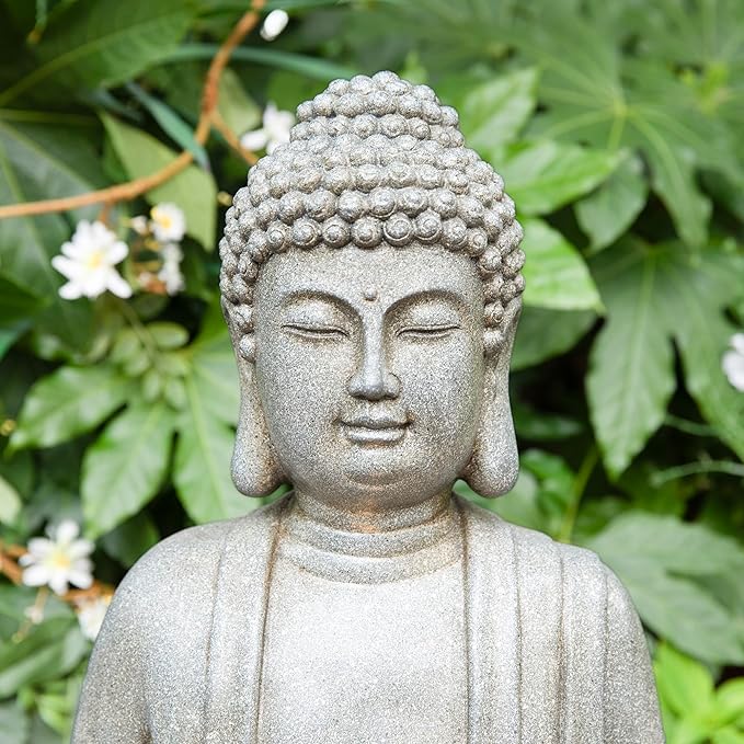 Glitzhome Buddha Outdoor Water Fountain with Lights and Pump, 28.25" H Zen Style Outdoor Fountain Concrete Meditating Buddha Statue Polyresin Garden Fountain Waterfall for Patio, Porch, or Yard Decor