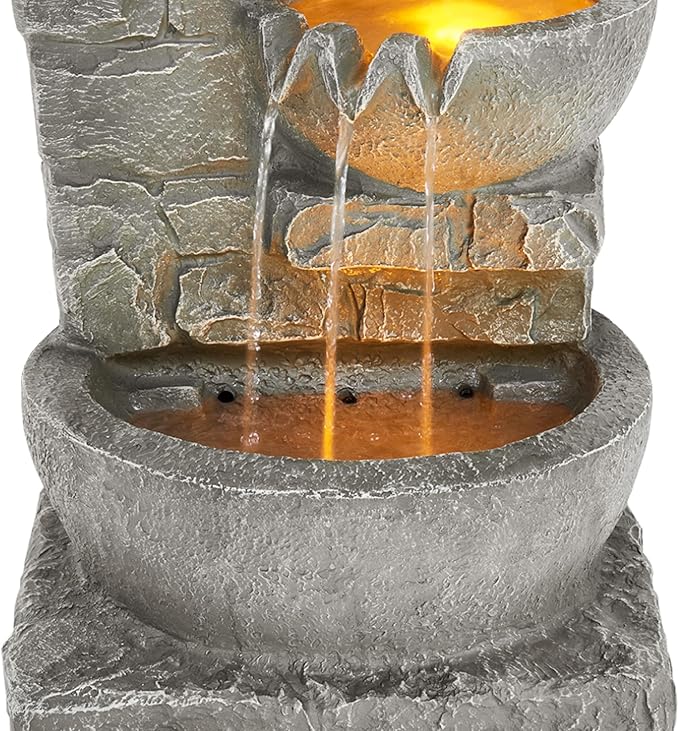 Teamson Home 33.25 in. Cascading Bowls and Stacked Stones LED Outdoor Water Fountain for Gardens, Landscaping, Patios, Balconies, and Lawns for a Calming Oasis in Outdoor Living Spaces, Stone Gray